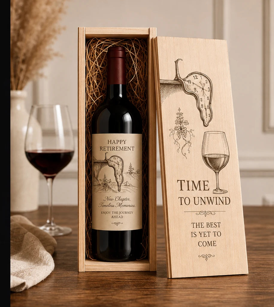 Vinovo retirement wine gift box with surreal engraving