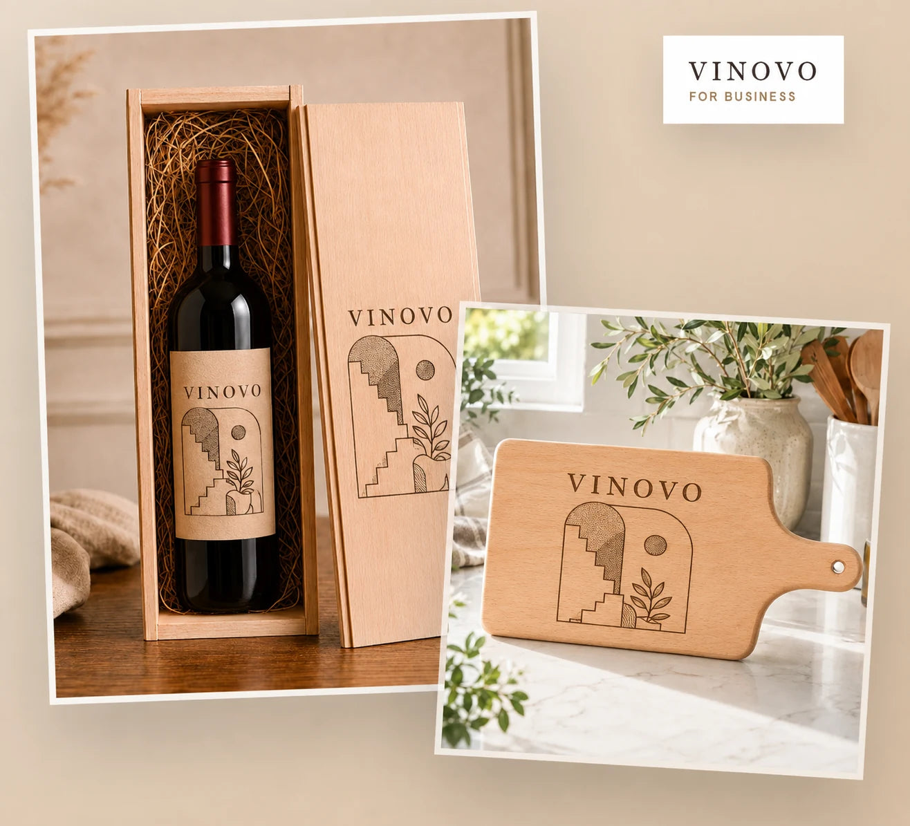 Vinovo corporate wine box and cutting board with artistic architectural engraving